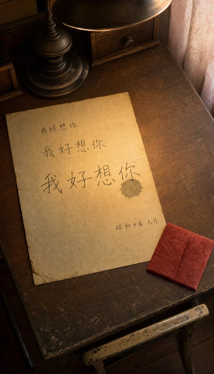 小书桌上小女孩写给爸爸的歪歪扭扭的旧信