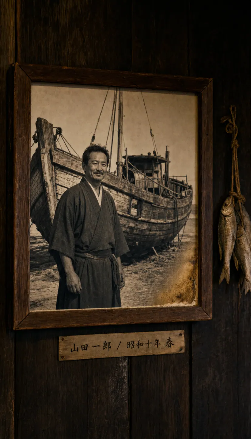 灯笼屋最里面墙上山田一郎的黑白照片