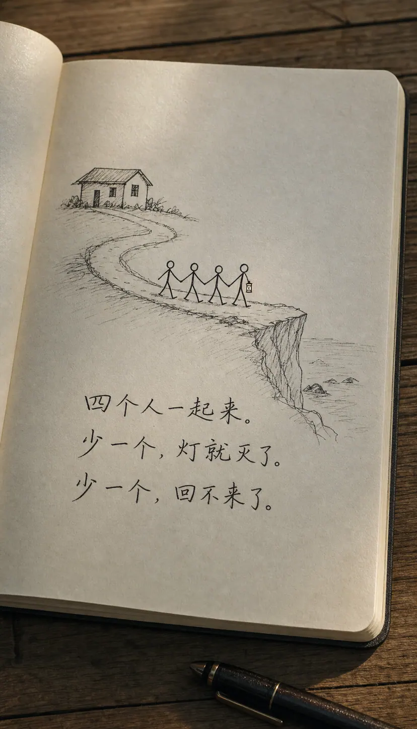 红册子上四个手牵手的简笔火柴人,最前面那个脖子上画着灯笼